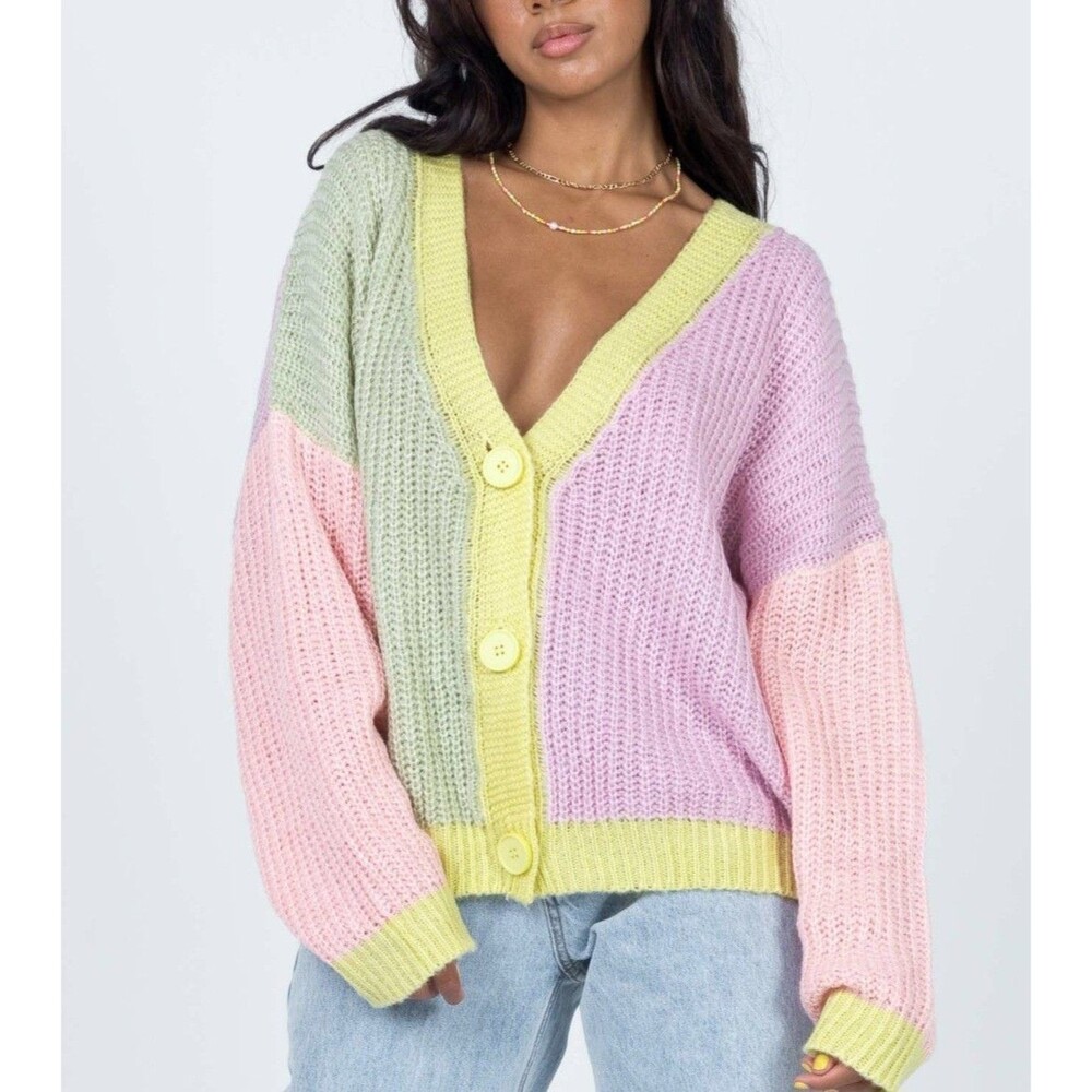 Princess Polly Sweater Women L/XL Purple Colorblock Naomi Cardigan Multi Knit